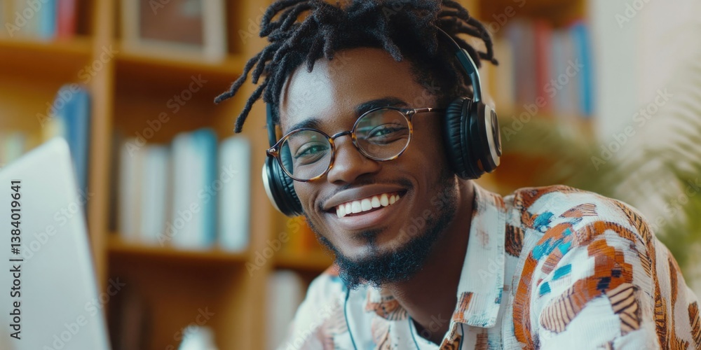 A joyful individual using a laptop and headphones in a modern urban setting, possibly involved in music or gaming.
