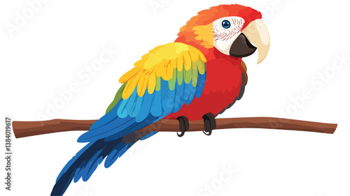 Cheerful Parrot on a Branch Vector Illustration Isolated on White Background