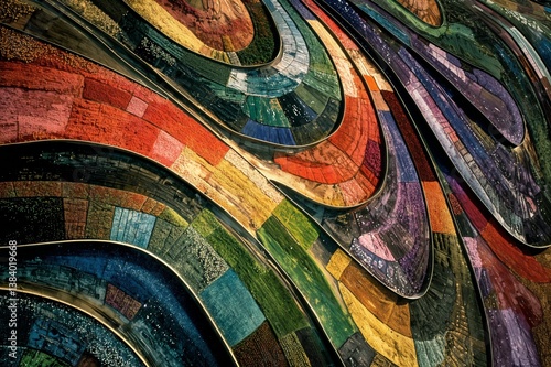 Abstracto, texturas vibrantes, patrones ondulados, colores cálidos y fríos, diseño artístico.