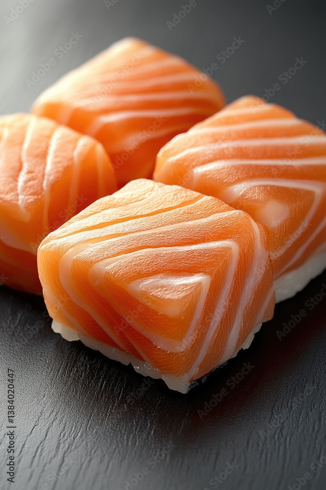 Three sushi pieces with salmon on a black background, highlighting the freshness and presentation.