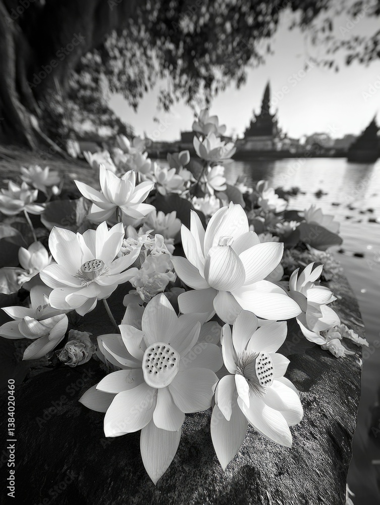 Fresh white lotus flowers in bloom, beside a river with city skyline and cathedral spires in the distance.