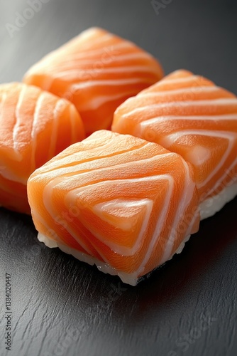 Obraz na płótnie Three sushi pieces with salmon on a black background, highlighting the freshness and presentation. w salonie