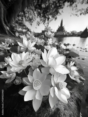 Obraz na płótnie Fresh white lotus flowers in bloom, beside a river with city skyline and cathedral spires in the distance. w salonie