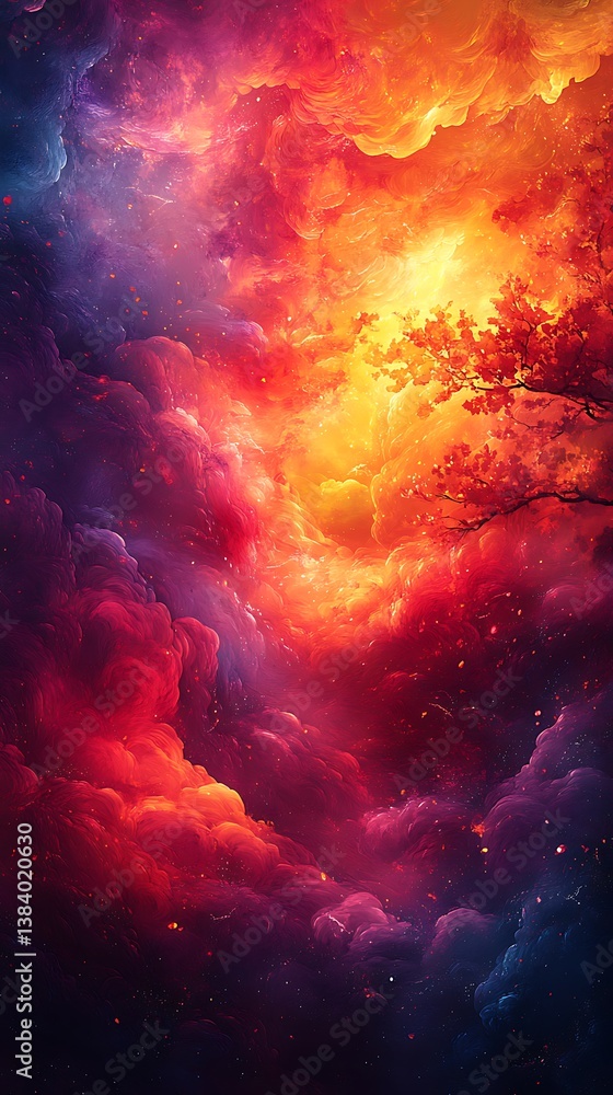 Obraz premium Vibrant Cosmic Scene with Swirling Red, Orange, and Purple Clouds
