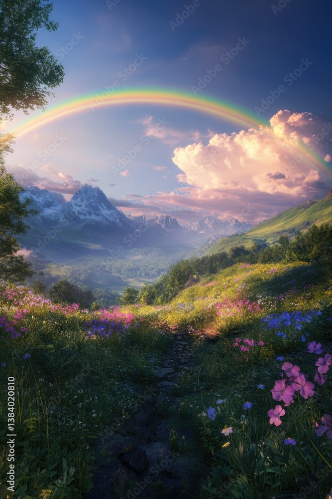 A serene alpine meadow at sunset, with a rainbow arching over a charming village nestled in the valley. The image captures the beauty and tranquility of high altitude landscapes.