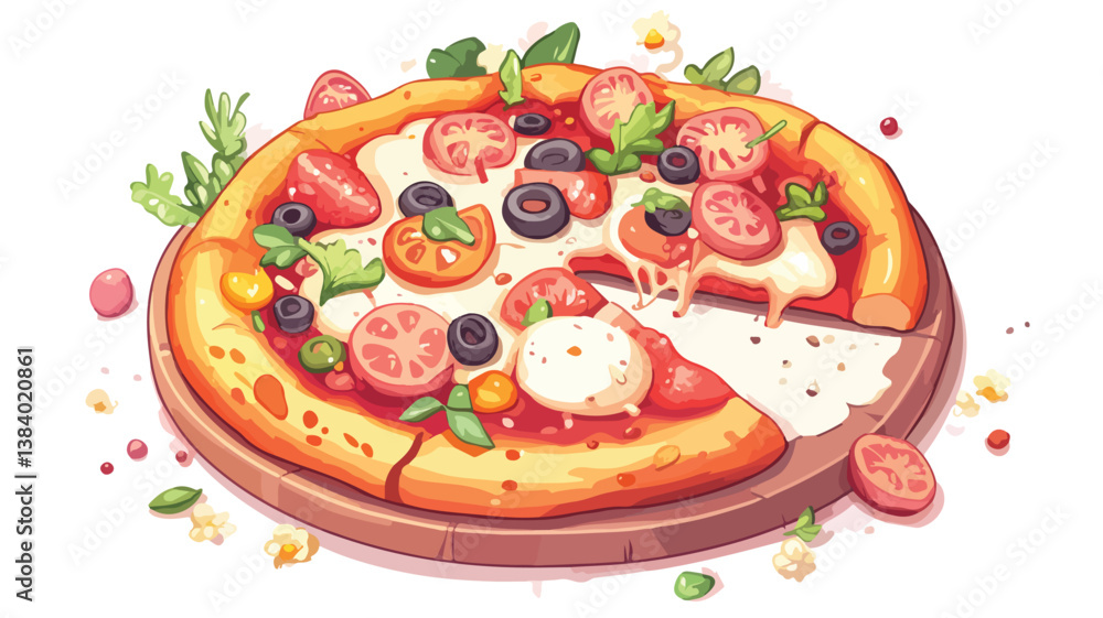 Delicious Pizza with Toppings Vector Illustration Isolated on White Background Delicious Pizza with Toppings Vector Illustration Isolated on White Background