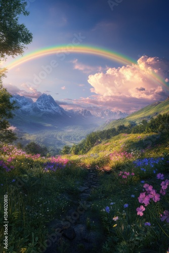 Obraz na płótnie A serene alpine meadow at sunset, with a rainbow arching over a charming village nestled in the valley. The image captures the beauty and tranquility of high altitude landscapes. w salonie