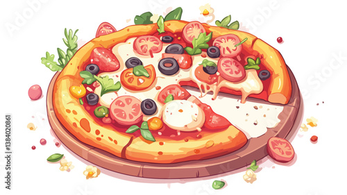 Delicious Pizza with Toppings Vector Illustration Isolated on White Background