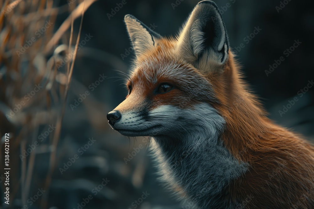 The image showcases a red fox sitting on fallen leaves with its nose to the ground, seemingly sniffing or tasting something. The focus is softly blurred in the background, emphasizing the sharpness