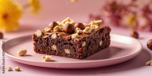 Obraz na płótnie A piece of brownies on a pink plate. Topped with peanuts and a drizzle of chocolate syrup, this dessert is rich and nutty. w salonie