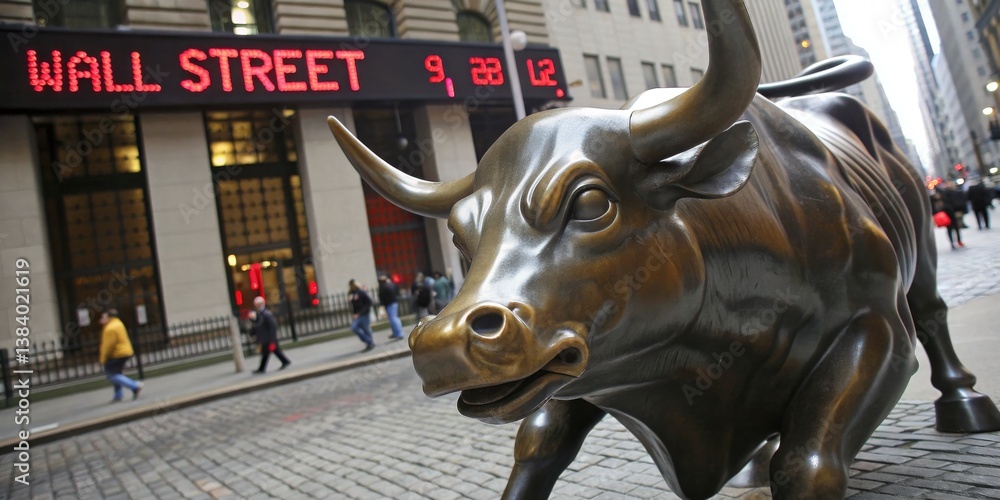Bull statue stands prominently outside Wall Street displaying financial information in a bustling New York City atmosphere