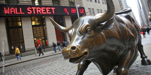 Obraz na płótnie Bull statue stands prominently outside Wall Street displaying financial information in a bustling New York City atmosphere w salonie