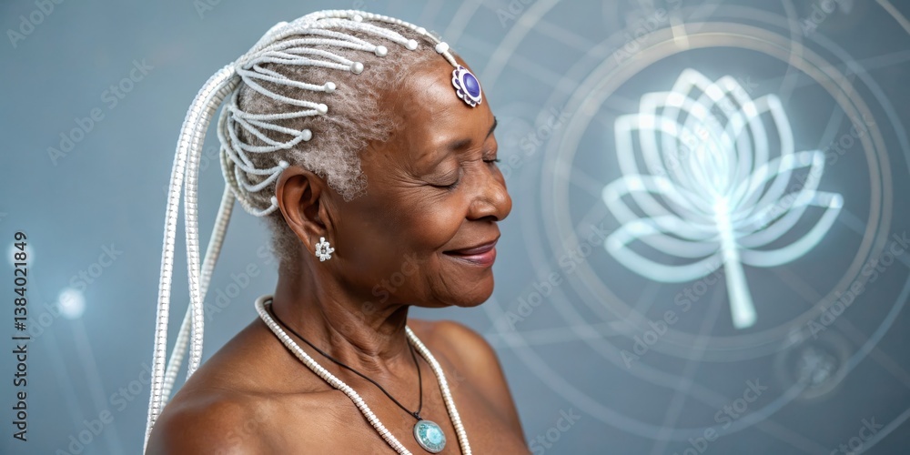 Elderly woman with silver hair adorned in beads and jewelry poses gracefully against a flower symbol backdrop