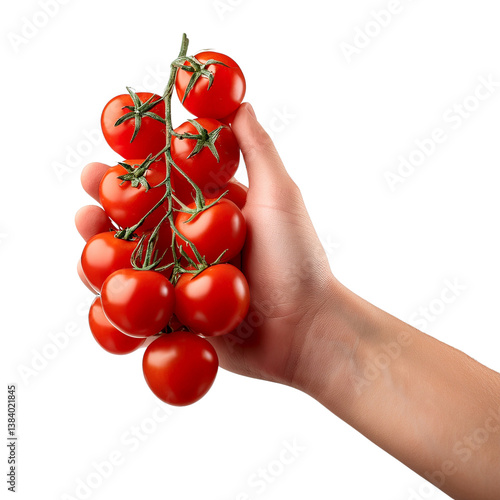 Vibrant Tomato Cluster: A hand gently holds a cluster of ripe, red tomatoes on the vine, showcasing their freshness and natural beauty.