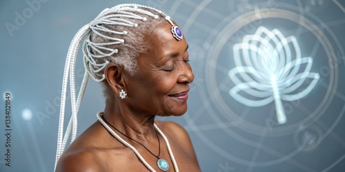 Obraz na płótnie Elderly woman with silver hair adorned in beads and jewelry poses gracefully against a flower symbol backdrop w salonie