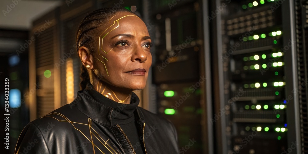 Character in futuristic attire standing in a high-tech server room with glowing lights during a dramatic moment