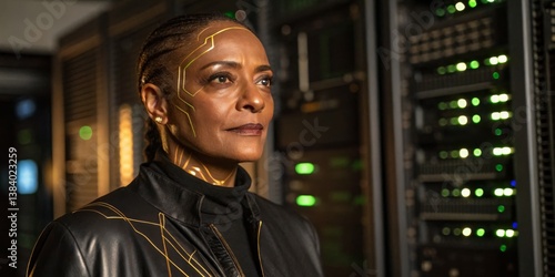 Obraz na płótnie Character in futuristic attire standing in a high-tech server room with glowing lights during a dramatic moment w salonie