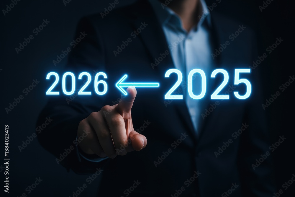 A business professional interacting with a digital display showing the years 2025 and 2026, symbolizing future planning and decision-making in a corporate environment. A business professional interacting with a digital display showing the years 2025 and 2026, symbolizing future planning and decision-making in a corporate environment.