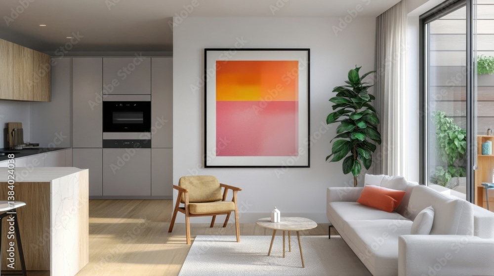 Fototapeta premium a living room with a couch, chair, table and a painting