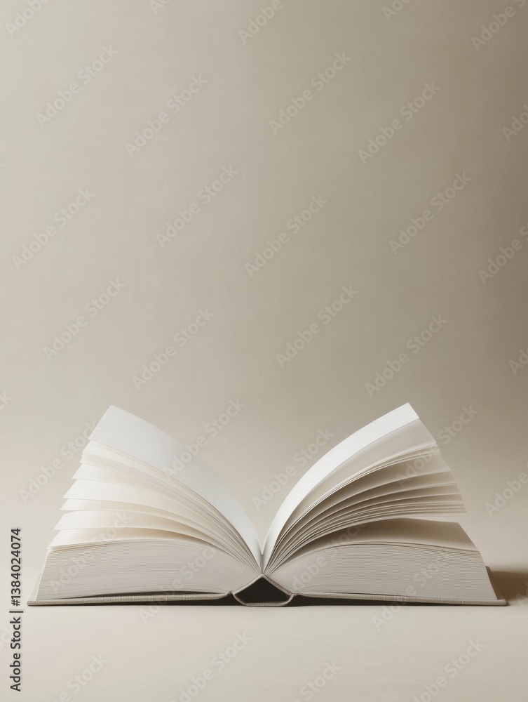 Minimalist open book showcasing blank pages in soft neutral lighting for serene reading experience