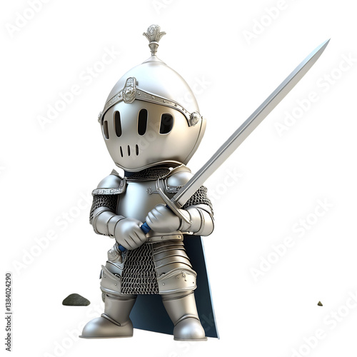 A 3D Cartoon Knight in Shining Armor Holding a Sword and Shield Isolated on Transparent Background