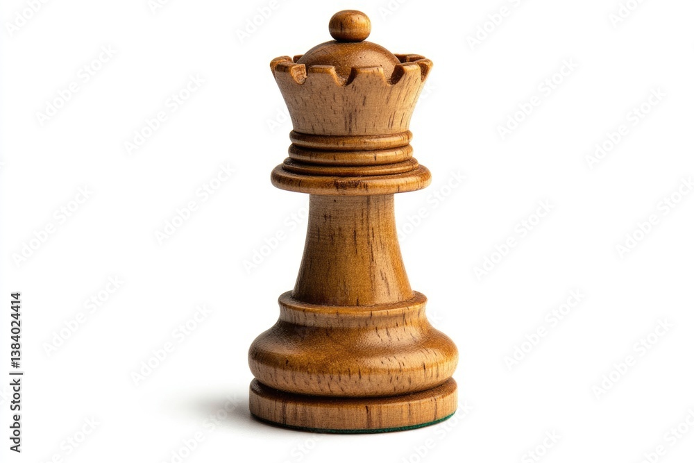 A wooden chess queen piece, isolated on a white background, showcases intricate details and craftsmanship. A wooden chess queen piece, isolated on a white background, showcases intricate details and craftsmanship.