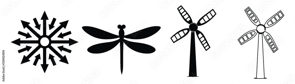 Vector Icons Set Depicting Arrows Dragonfly And Wind Turbines Clean Design Vector Icons Set Depicting Arrows Dragonfly And Wind Turbines Clean Design