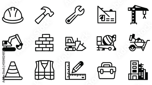 Construction Tools And Equipment Icon Set Black And White Vector Illustration