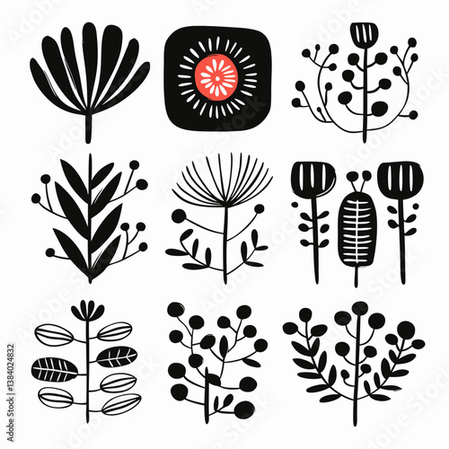 Floral Elegance: A curated collection of botanical elements, showcasing delicate petals and intricate patterns, celebrates the beauty of nature through stylized, graphic illustration.