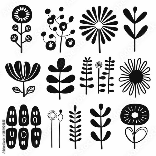 Floral Fantasia: A collection of stylized black flowers and botanical elements dance on a neutral background, a versatile collection that sparks creativity.