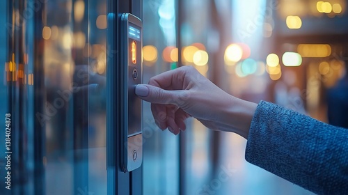 Hand using digital access control system on glass door