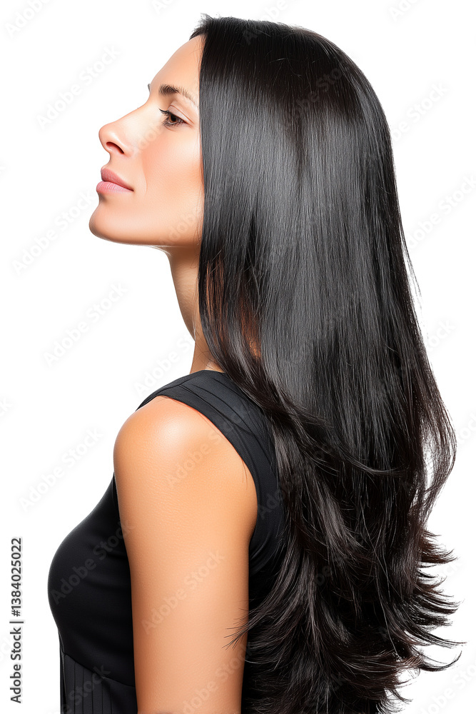 Naklejka premium Profile of woman with long shiny black hair and natural makeup isolated on white