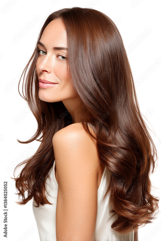 Naklejka premium Smiling young woman with long wavy chestnut brown hair isolated on white