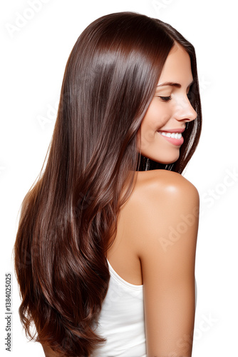 Young woman in her 20s with long smooth brown hair and soft smile
