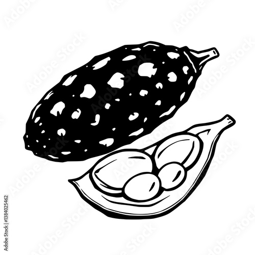 Black And White Illustration Of Cacao Pod With Beans