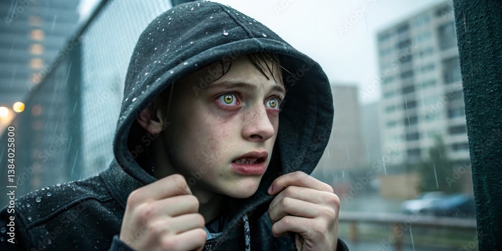 Boy in rain-soaked hoodie looks worried while standing near urban fence on a gloomy day