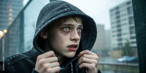 Obraz na płótnie Boy in rain-soaked hoodie looks worried while standing near urban fence on a gloomy day w salonie
