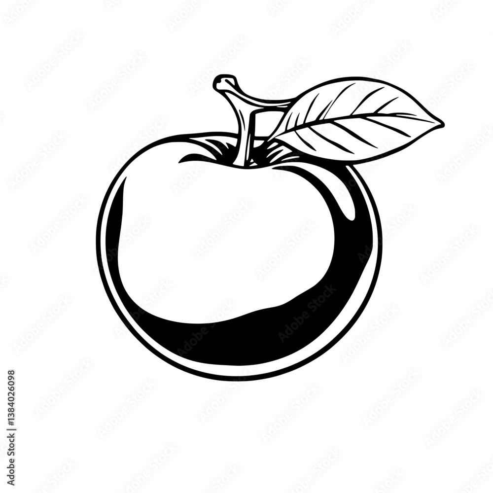 A Classic Black And White Illustration Of A Single Apple With Leaf A Classic Black And White Illustration Of A Single Apple With Leaf