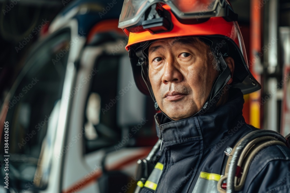 Fototapeta premium Portrait of a middle aged Asian male firefighter in full gear at station