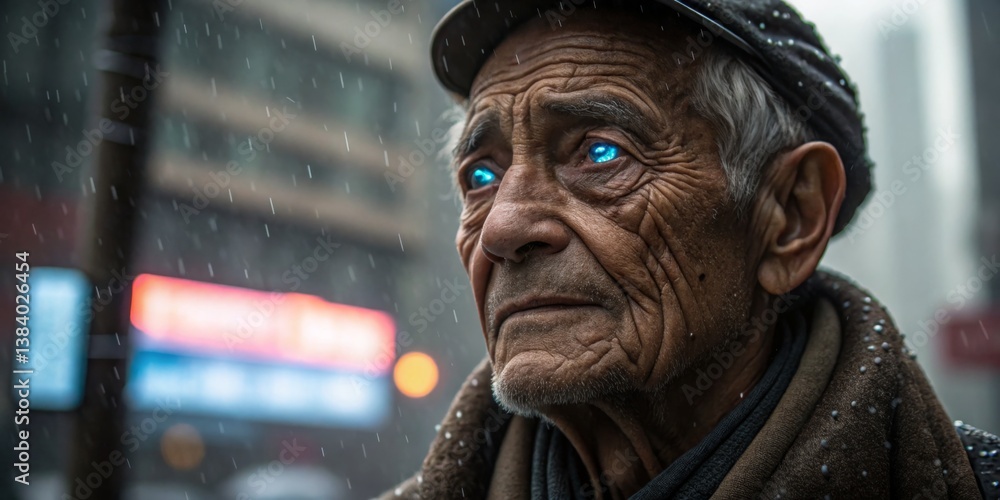 Elderly man with striking blue eyes gazes thoughtfully in a bustling urban setting during a rainy evening