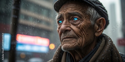 Obraz na płótnie Elderly man with striking blue eyes gazes thoughtfully in a bustling urban setting during a rainy evening w salonie