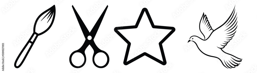 Brush Scissors Star And Dove In A Line Art Icon Set Brush Scissors Star And Dove In A Line Art Icon Set