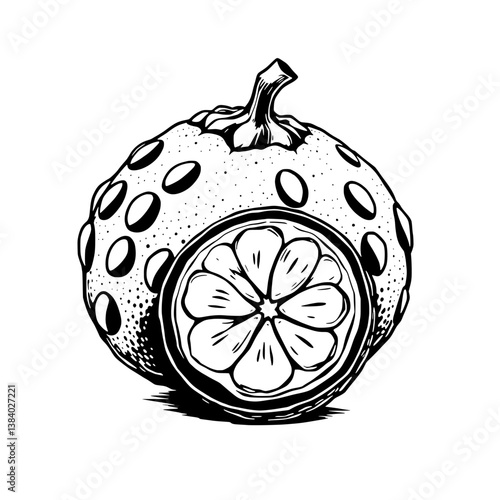 A Detailed Ink Drawing Of A Partially Sliced Citrus Fruit With A Unique Texture