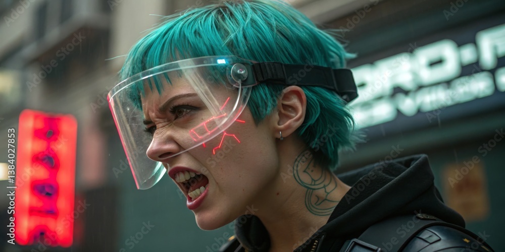 Bold character with turquoise hair and visor expresses intensity in a vibrant urban environment at night