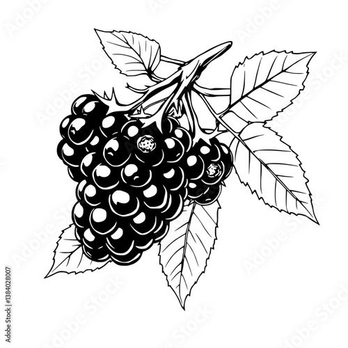A Detailed Line Drawing Of Blackberries On The Vine With Leaves