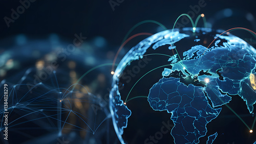 A connected world map with glowing blue lines linking major cities, ultra-realistic depth, pristine post-processing