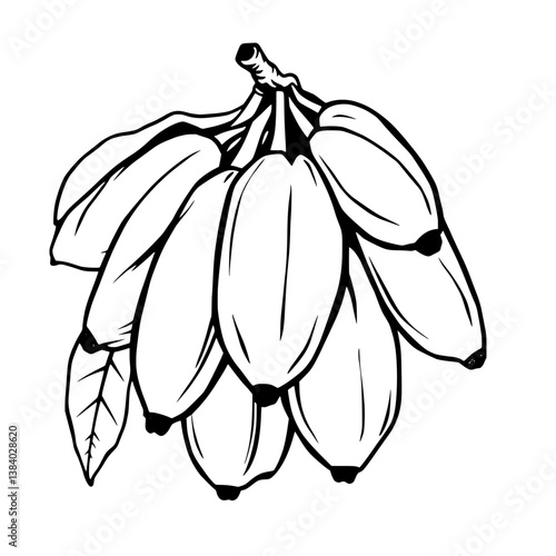 A Bunch Of Ripe Yellow Bananas With Leaves Hand-Drawn Style