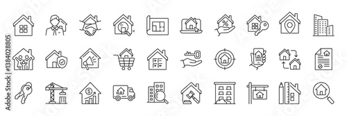 Real Estate line icon set. Included property, buying, house, apartment, real estate developer, real estate agent, real estate investment, lease agreement and more. Editable stroke. Vector illustration