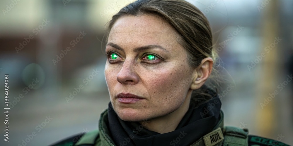 Soldier with glowing green eyes on urban street in tactical gear during early morning hours
