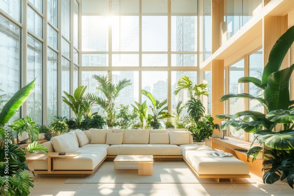 Fototapeta premium Bright solarpunk living room with glass walls, indoor plants, solar lighting, and wood textures